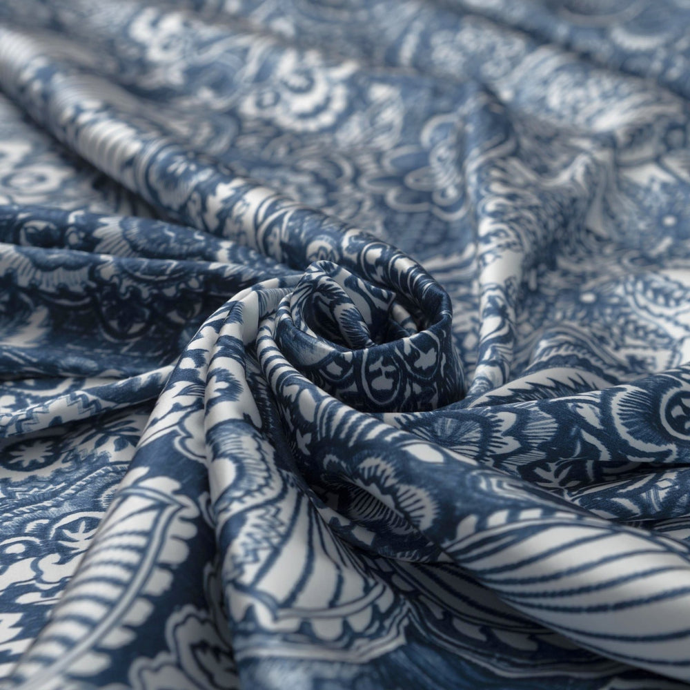 Damask Blue Woven Satin fabric with silky smooth finish and intricate pattern, 55-inch wide viscose-elastane blend.