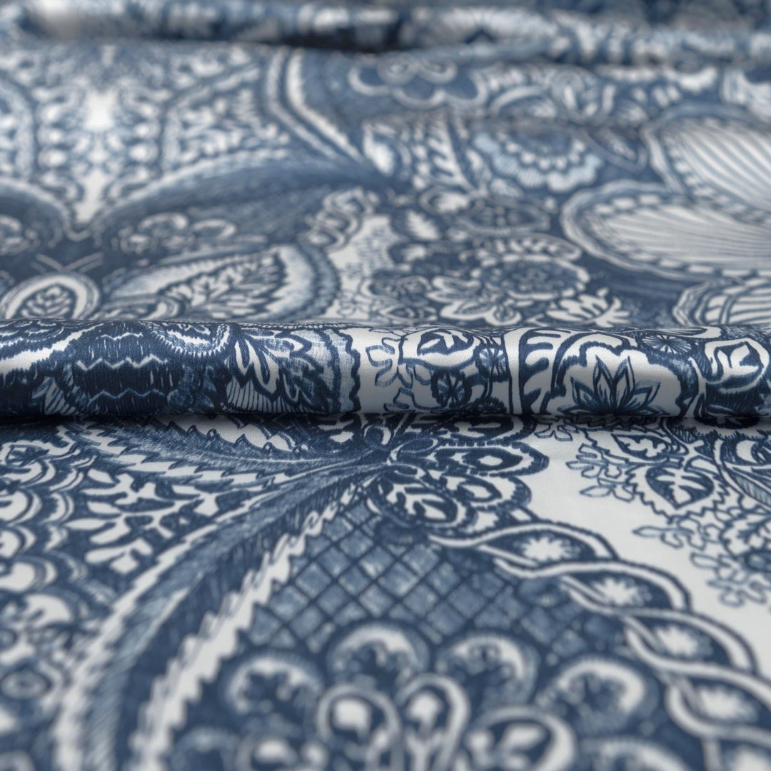 Damask Blue Woven Satin fabric with silky smooth finish and intricate pattern, 55-inch wide viscose-elastane blend.