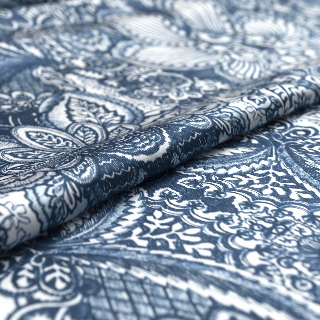 Damask Blue Woven Satin fabric with silky smooth finish and intricate pattern, 55-inch wide viscose-elastane blend.
