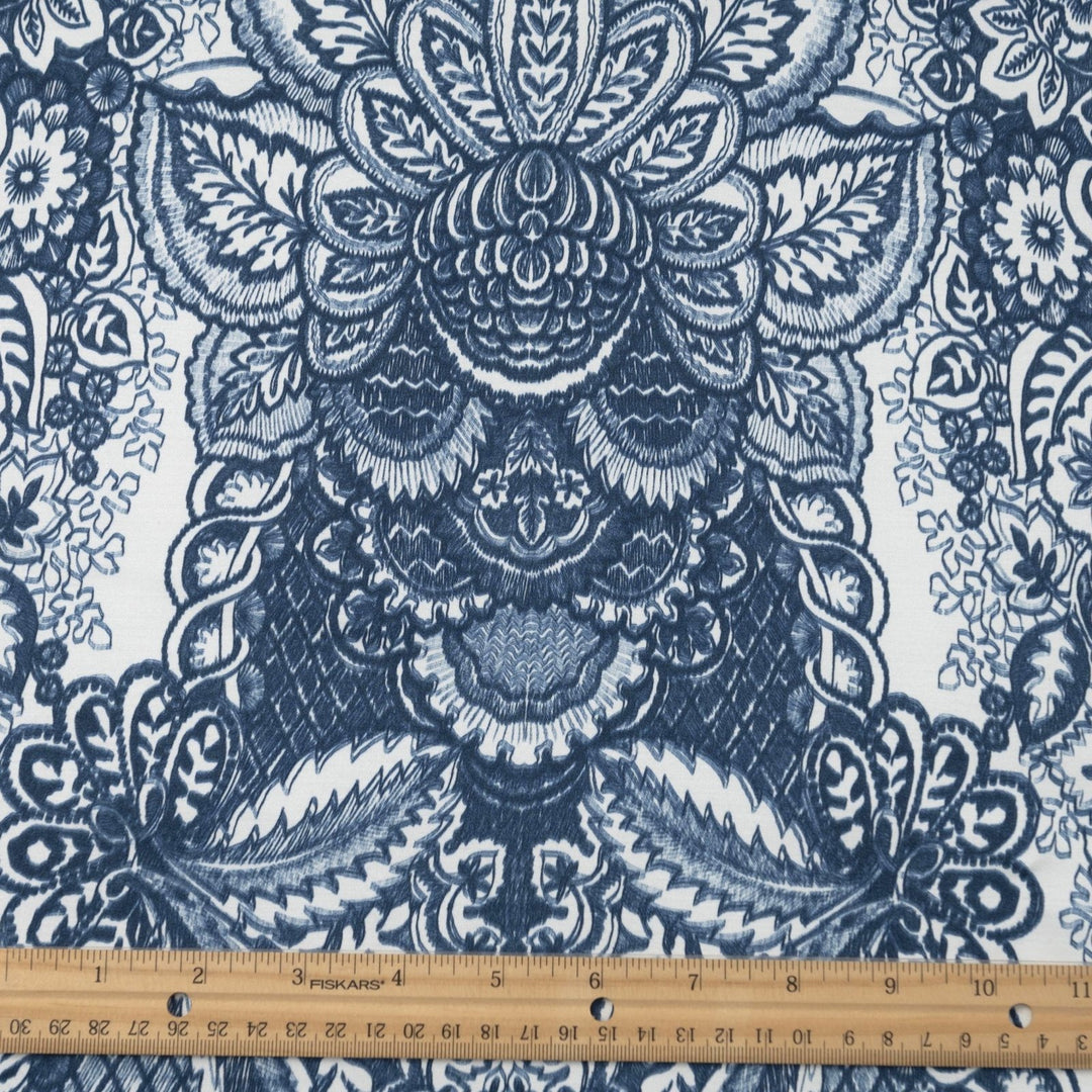 Damask Blue Woven Satin fabric with silky smooth finish and intricate pattern, 55-inch wide viscose-elastane blend.