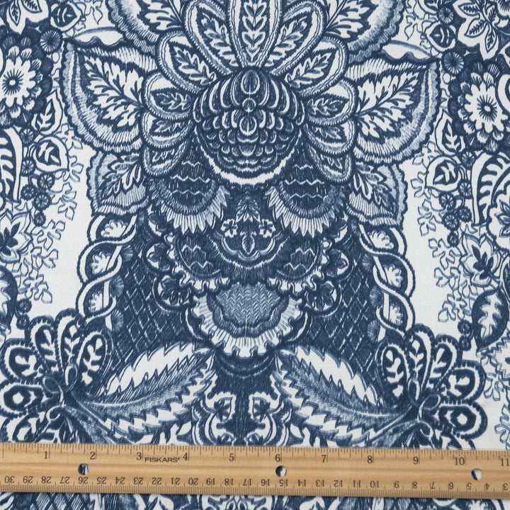 Damask Blue Woven Satin fabric with silky smooth finish and intricate pattern, 55-inch wide viscose-elastane blend.