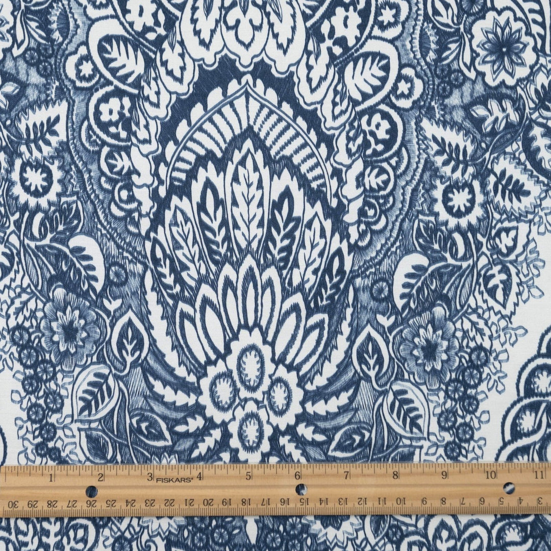 Damask Blue Woven Satin fabric with silky smooth finish and intricate pattern, 55-inch wide viscose-elastane blend.