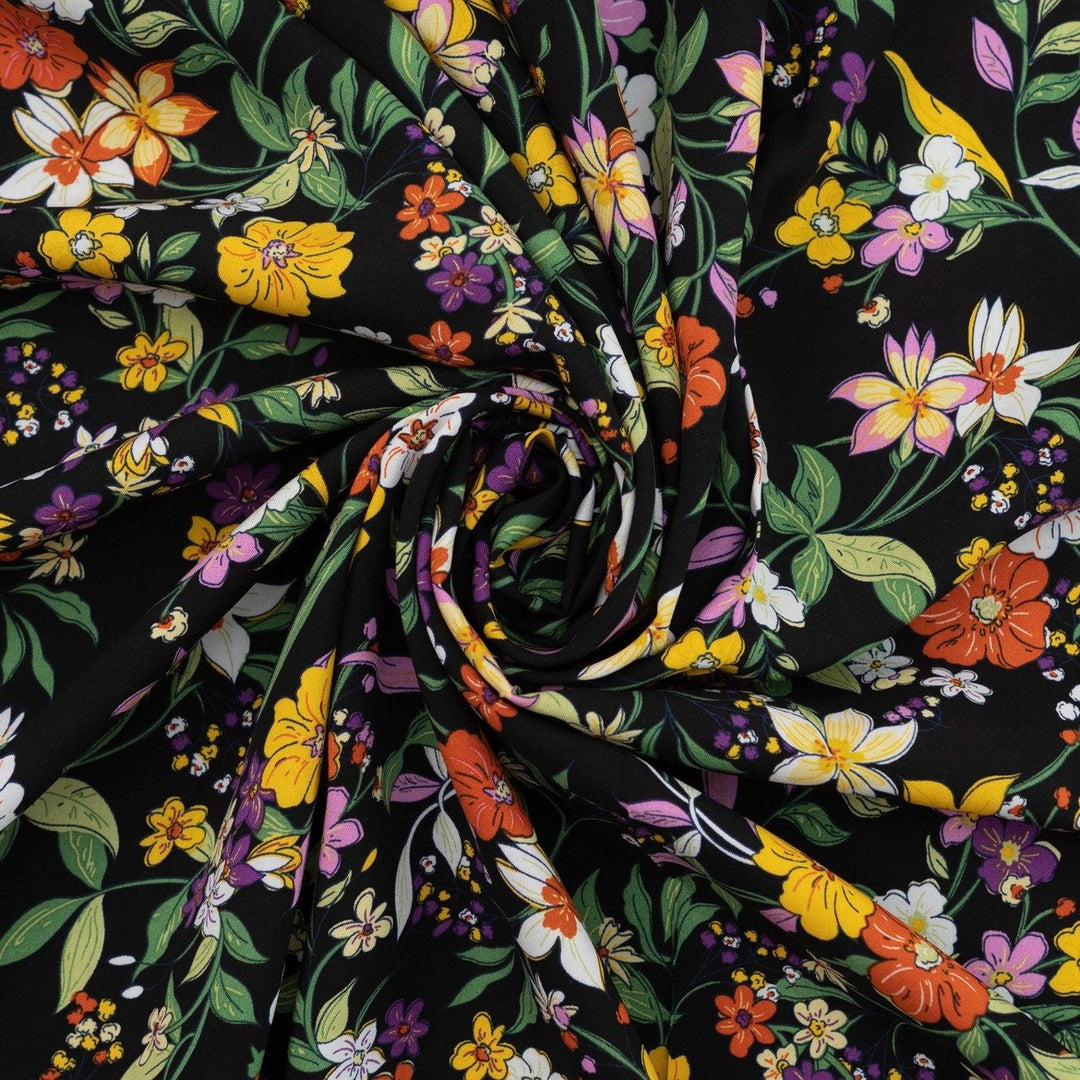 Rayon Poplin Nightfall Bouquet fabric – dark floral rayon fabric with soft drape, ideal for dresses and sewing projects