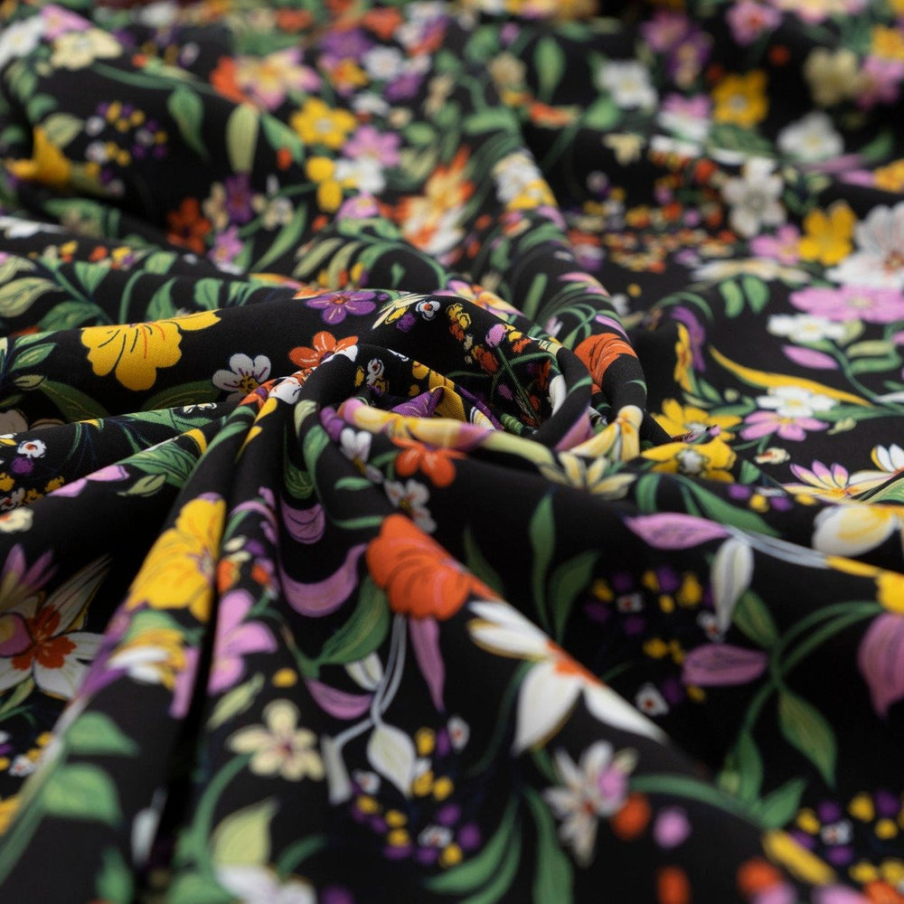 Rayon Poplin Nightfall Bouquet fabric – dark floral rayon fabric with soft drape, ideal for dresses and sewing projects