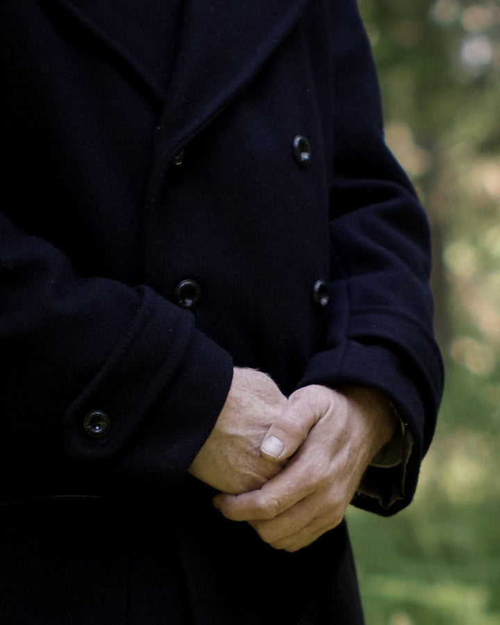 Thread Theory Goldstream Peacoat sewing pattern classic double-breasted wool coat with removable hood and lined pockets