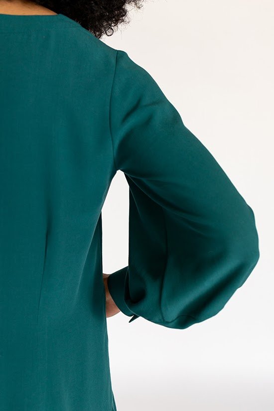 Chalk & Notch Wren Blouse & Dress sewing pattern with button-front and statement sleeves
