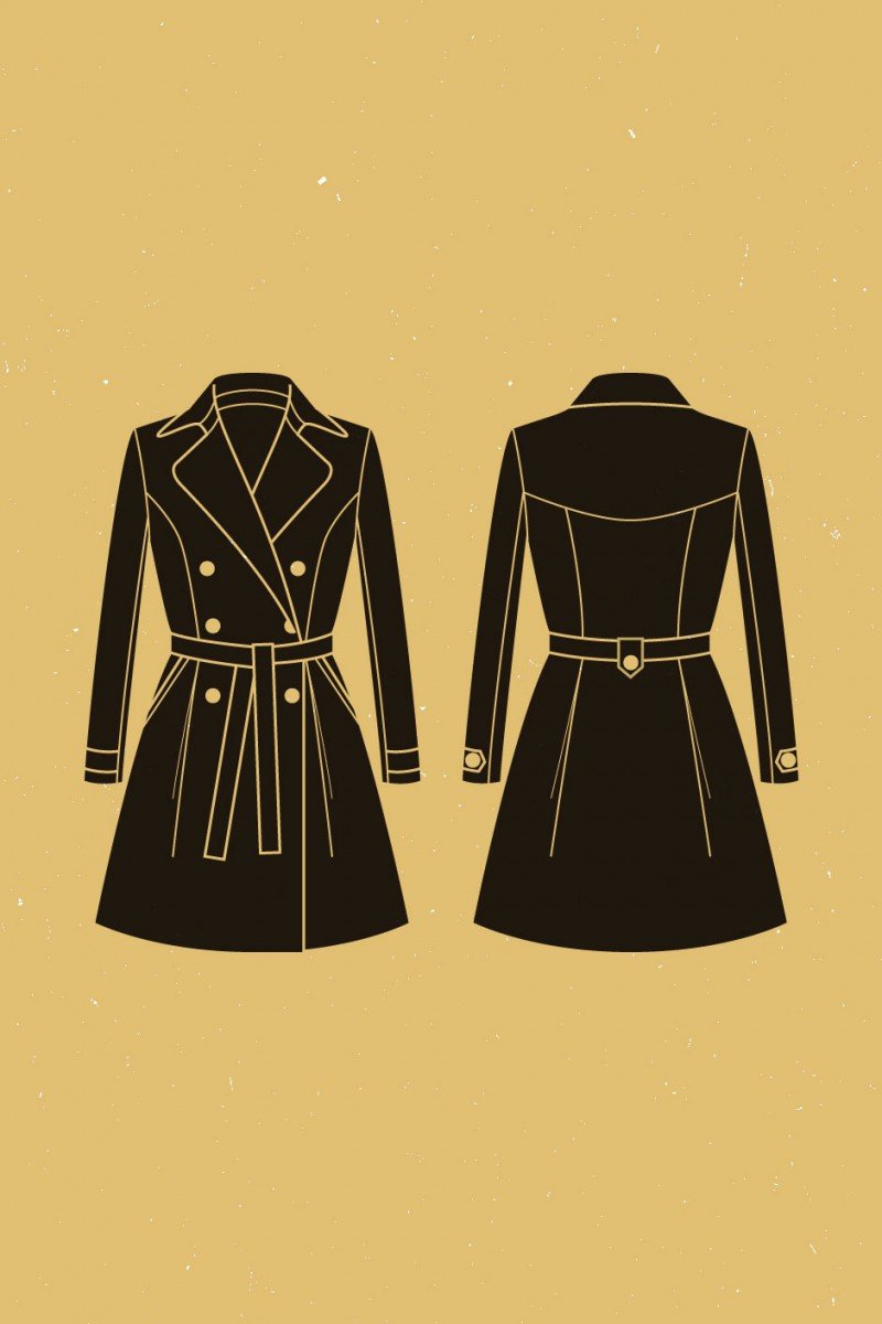 Deer and Doe Luzerne Trench Coat sewing pattern with double-breasted front, princess seams, pleats, and diagonal welt pockets, sizes 34–46