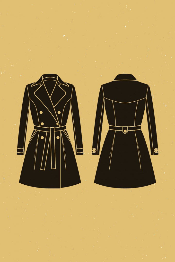 Deer and Doe Luzerne Trench Coat sewing pattern with double-breasted front, princess seams, pleats, and diagonal welt pockets, sizes 34–46