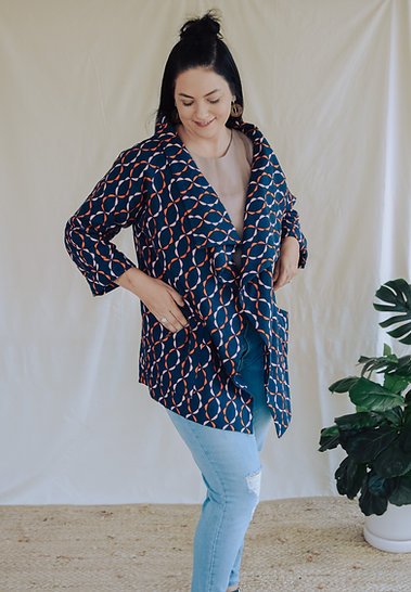 Sew to Grow Alston Reversible Jacket with oversized fit, raglan sleeves, and cascading collar.