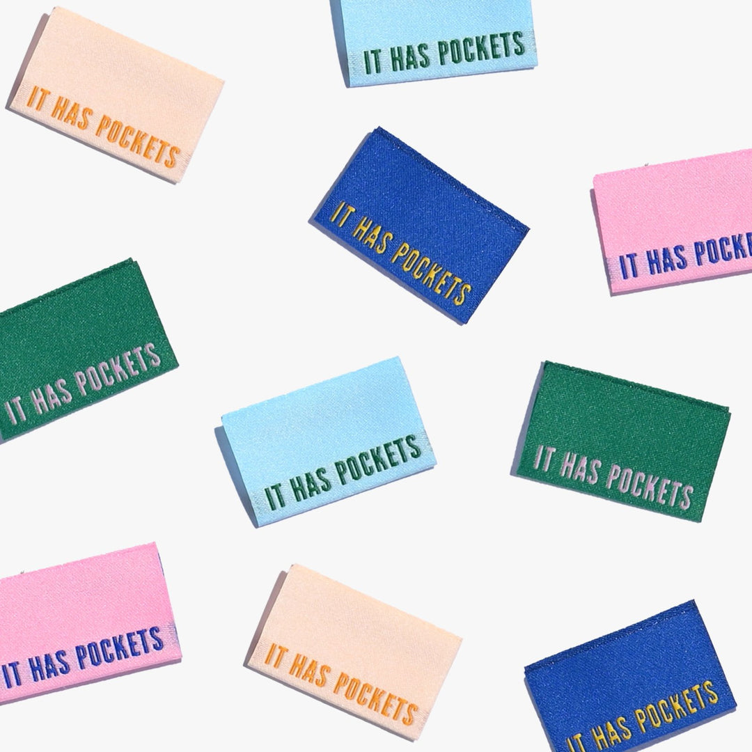 Kylie and the Machine It Has Pockets woven garment labels in 5 colorful designs for handmade clothing