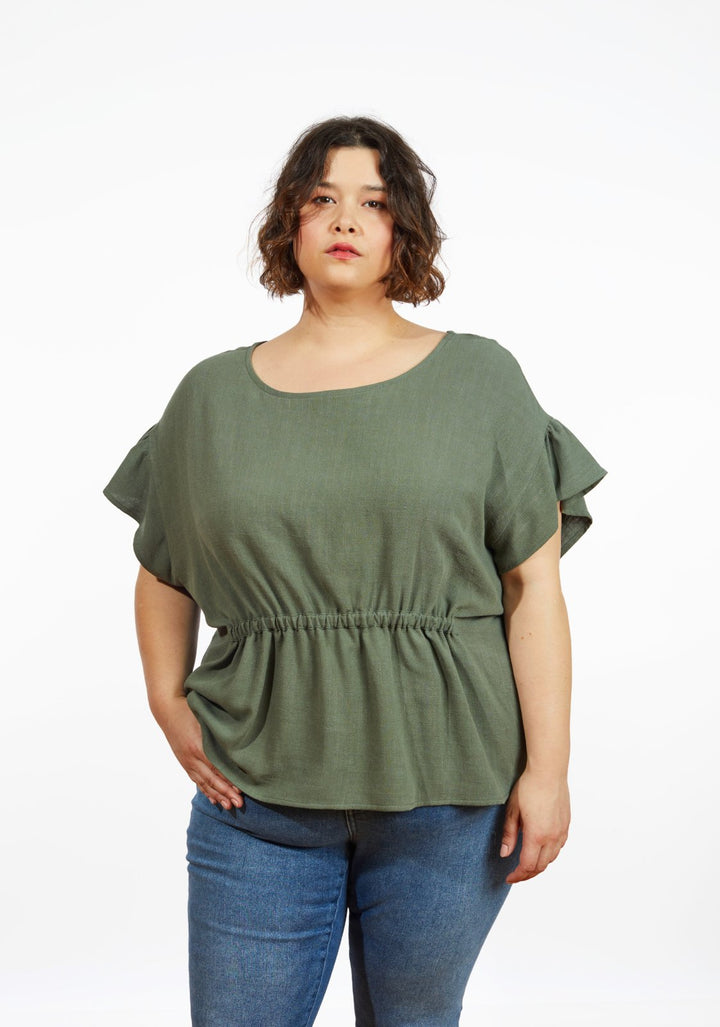 Grainline Studio Corbin Top sewing pattern for sizes 14–32, featuring ruffled cap and 3/4-length sleeve options.