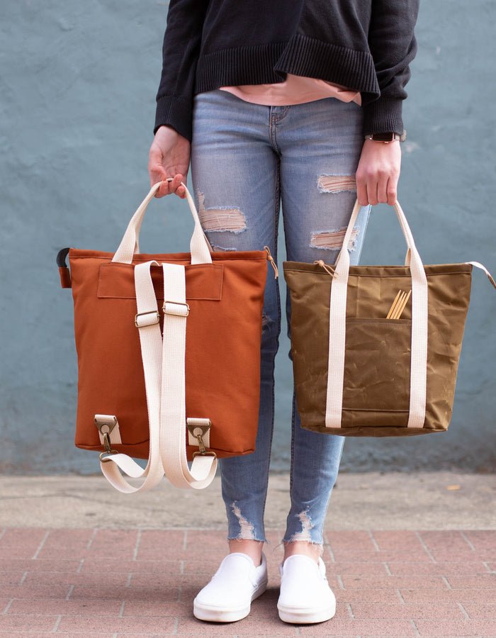 Noodlehead Buckthorn Backpack and Tote sewing pattern for DIY zip-top organizer bag with pockets