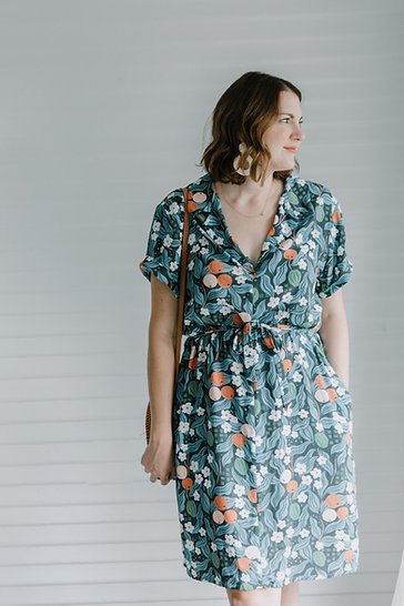 Sew to Grow Sydni Shirt-Dress pattern showing optional collar, front pleated pockets, and tie belt.