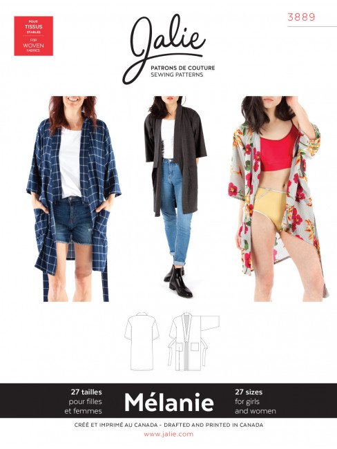 Jalie Melanie Kimono Robe sewing pattern – knee-length robe with sash belt, patch pockets, and three-quarter sleeves.