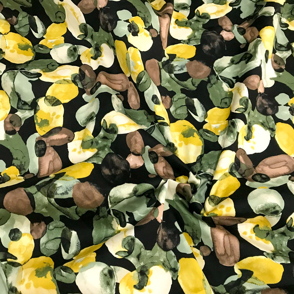 Cotton Stretch Sateen Green Dollops – 98% cotton, 2% Lycra, 57/58 inches wide, smooth fabric with autumnal green, pear, sage, and mocha dollops for jackets, skirts, and shirts