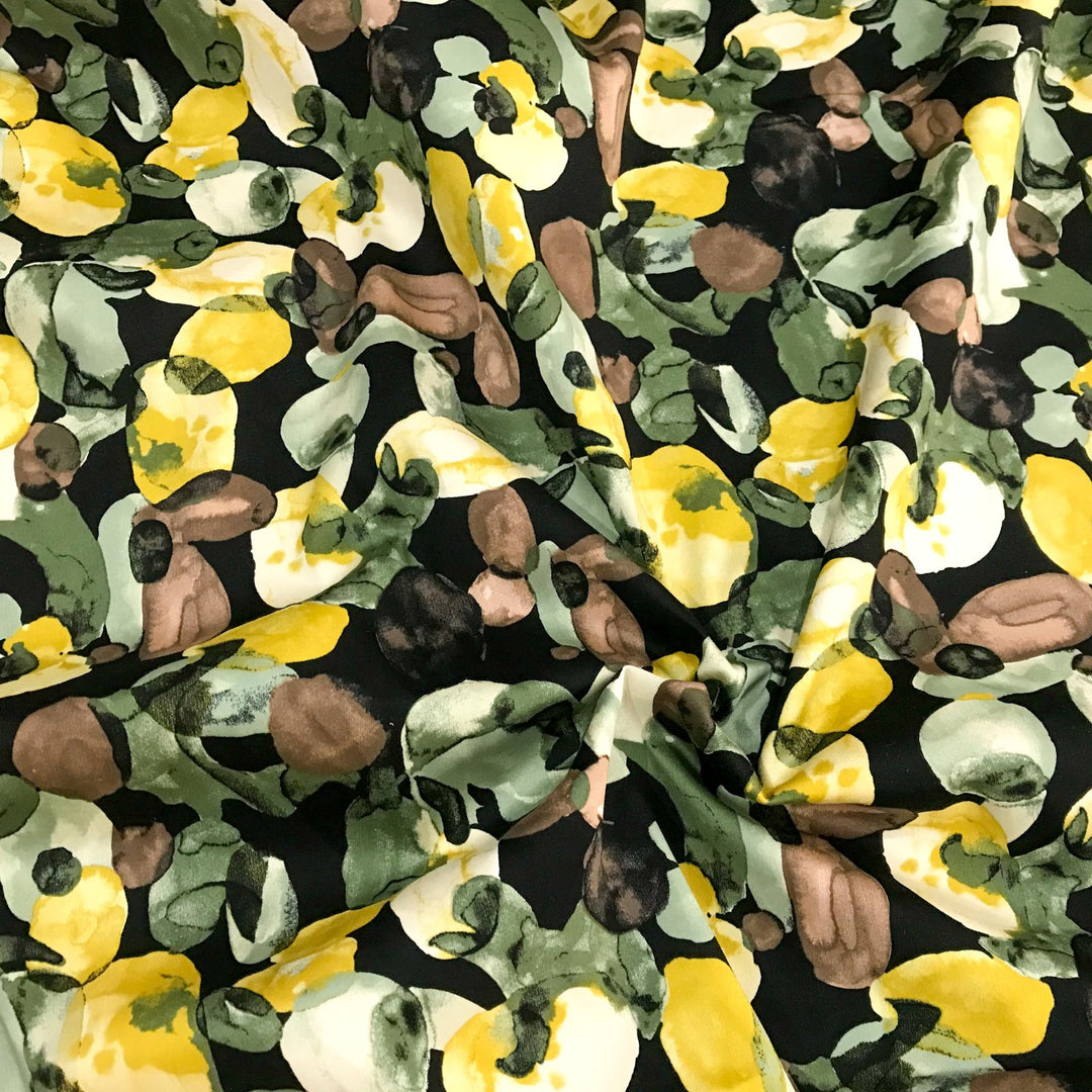 Cotton Stretch Sateen Green Dollops – 98% cotton, 2% Lycra, 57/58 inches wide, smooth fabric with autumnal green, pear, sage, and mocha dollops for jackets, skirts, and shirts