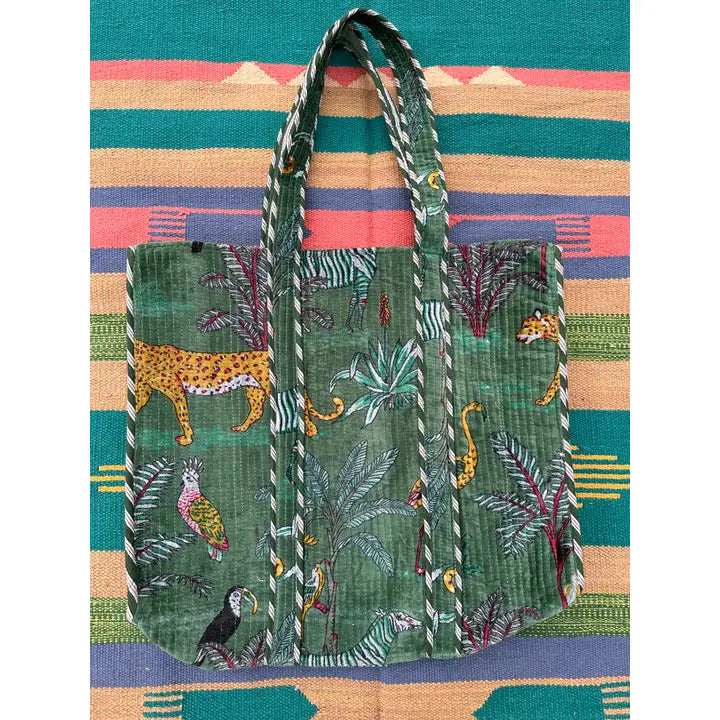 Quilted Velvet Market Bag - Jungle Green (Reversible)
