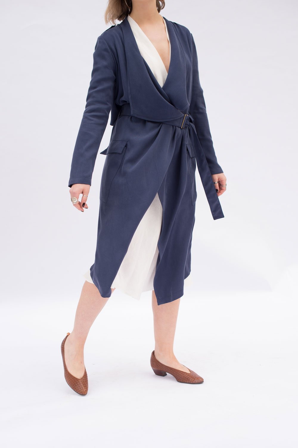 Victory Patterns Ulysses modern trench coat jacket with shawl collar, rain guard overlay, angled patch pockets, and belt