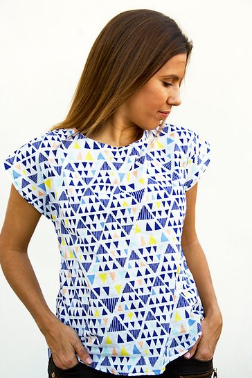 Sew to Grow Bondi Top sewing pattern, curved hem, contrast back yoke, versatile wardrobe staple