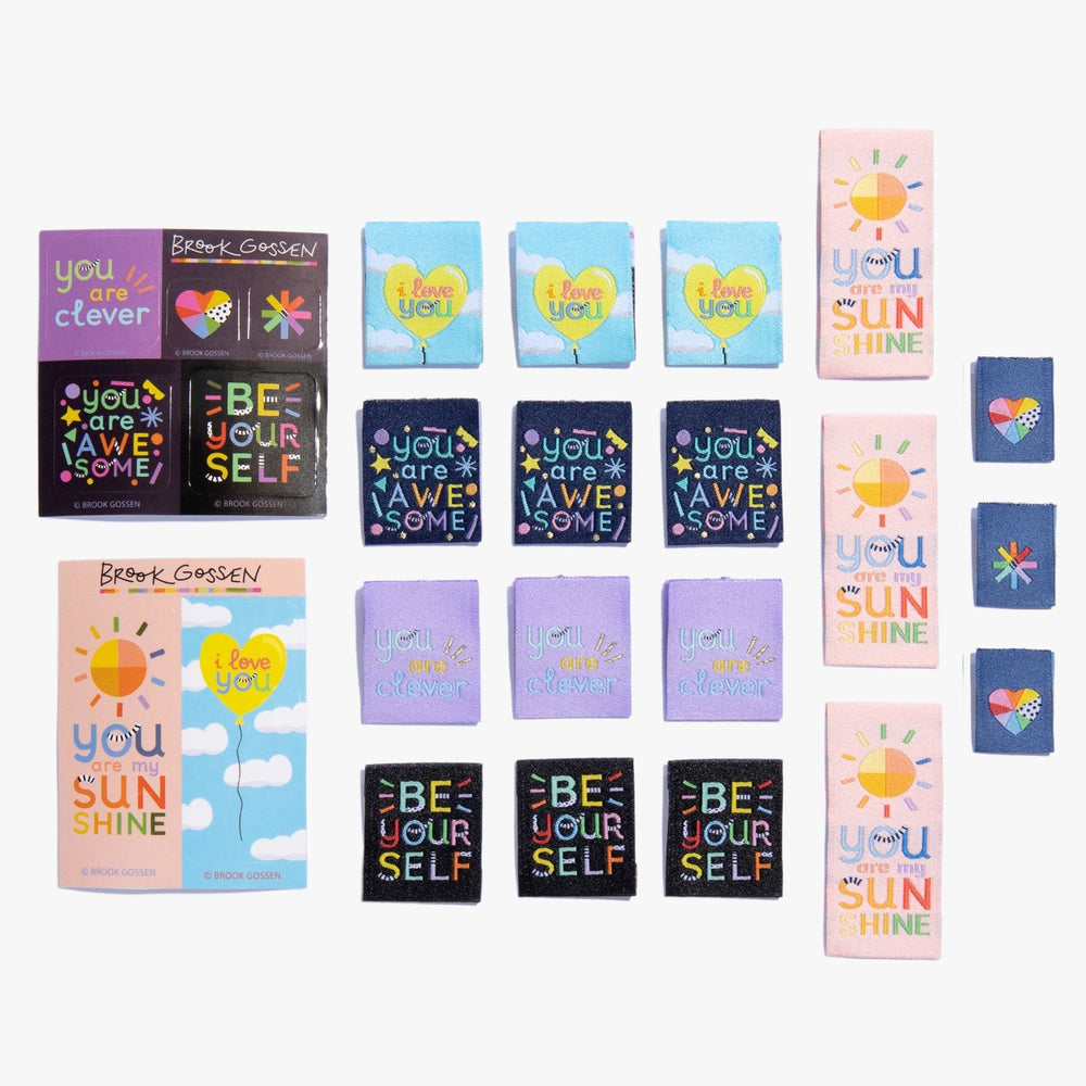 Kylie and the Machine Going Places kids’ labels by Brook Gossen – colorful woven tags and stickers with positive affirmations