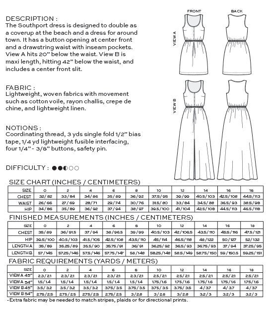 True Bias Southport Dress sewing pattern with button-front closure, drawstring waist, inseam pockets, mid-length and maxi-length options