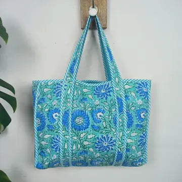 Quilted Cotton Market Bag - Blue Floral Mint (Reversible)