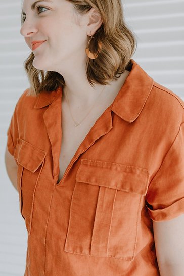 Sew to Grow Sydni Shirt-Dress pattern showing optional collar, front pleated pockets, and tie belt.