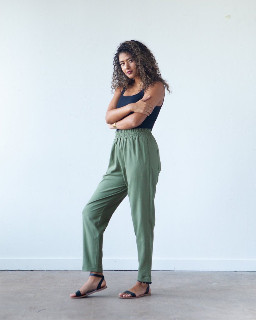 True Bias Dani Short & Pant sewing pattern with shorts and ankle-length pant variations, paperbag waist, pockets, and cuffed hem in sizes 0–18.
