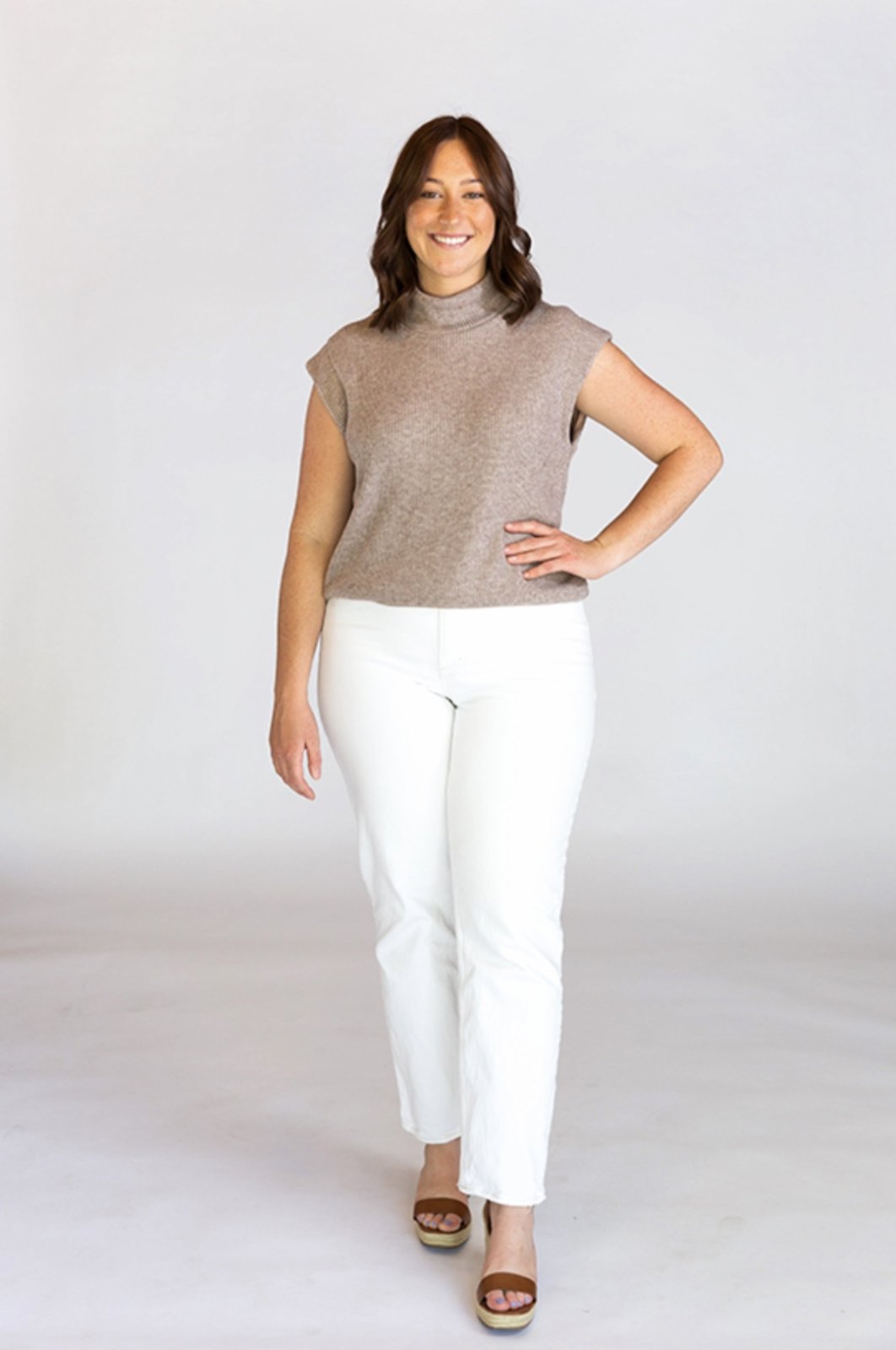 Chalk & Notch Max Tee sewing pattern with cropped and hip-length options, muscle tee shoulders, and three neckline finishes in sizes 0–30.