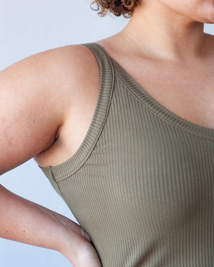 True Bias Zoey Tank & Dress sewing pattern with cropped tank, hip-length tank, and fit-and-flare dress variations in sizes 0–32.