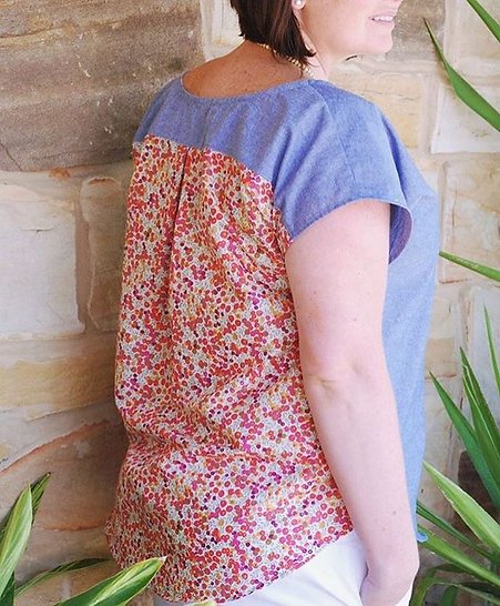 Sew to Grow Bondi Top sewing pattern, curved hem, contrast back yoke, versatile wardrobe staple