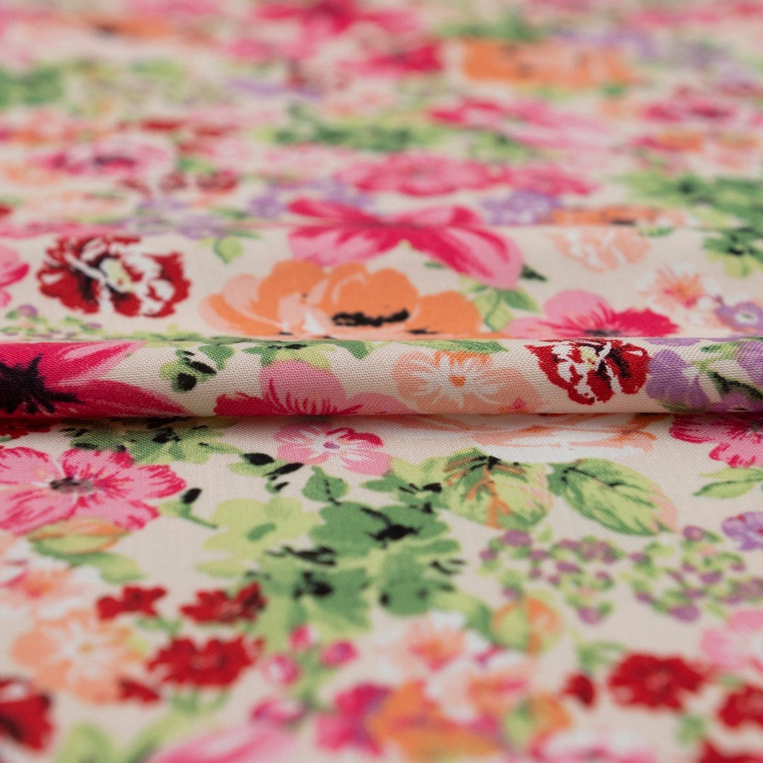 Viscose Challis Soft Spring Meadow fabric with pastel floral print in purple and pink – lightweight OEKO-TEX certified material for dresses, skirts, and blouses