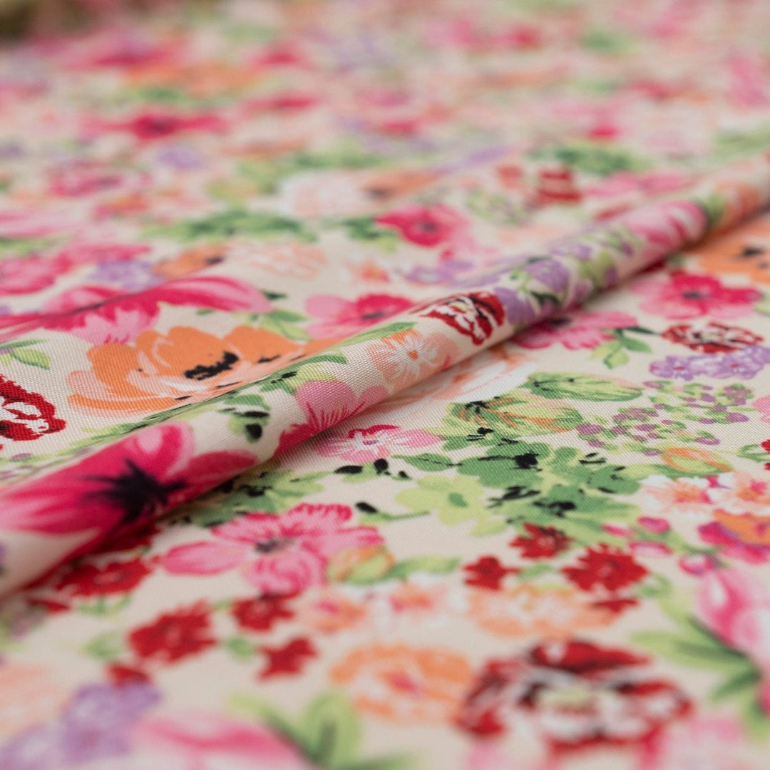 Viscose Challis Soft Spring Meadow fabric with pastel floral print in purple and pink – lightweight OEKO-TEX certified material for dresses, skirts, and blouses