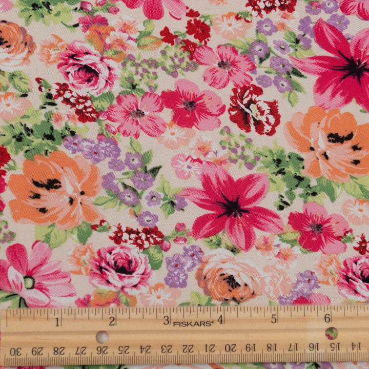 Viscose Challis Soft Spring Meadow fabric with pastel floral print in purple and pink – lightweight OEKO-TEX certified material for dresses, skirts, and blouses