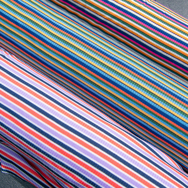 Multi Stripe Sunset Tones Rayon Rib Knit Fabric - 97% Rayon 3% Elastane - Colorful Stretchy Material for Camisoles & Dresses