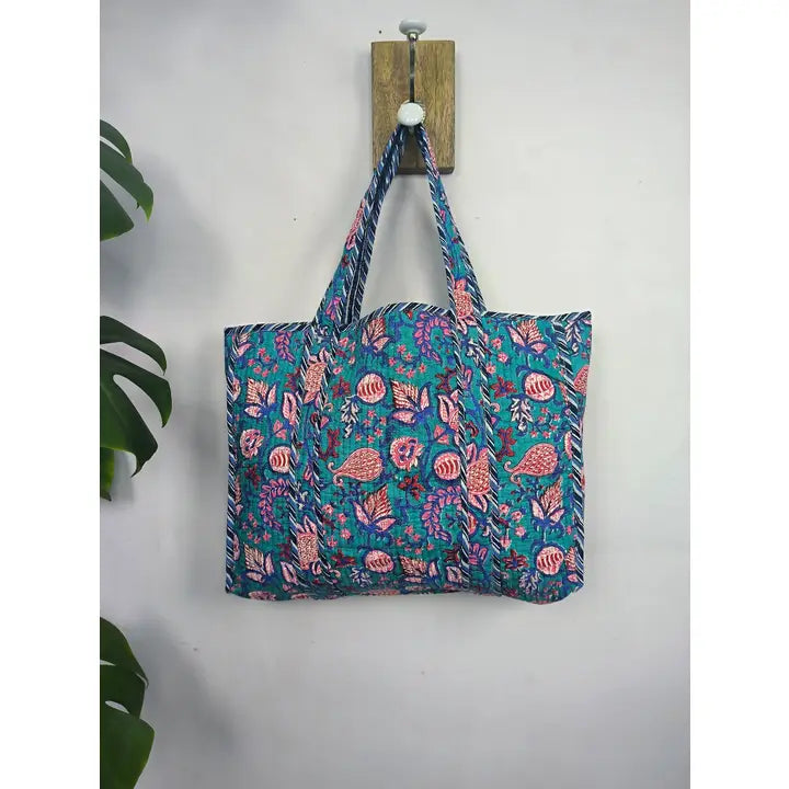 Quilted Cotton Market Bag - Teal Paisley (Reversible)