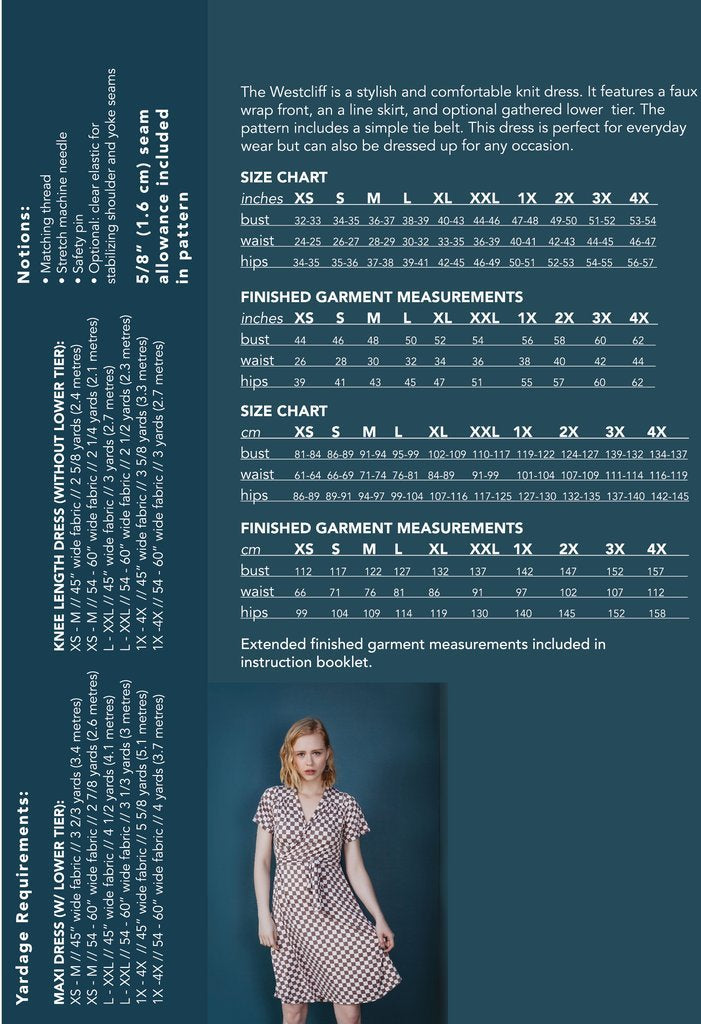 Friday Pattern Co. Westcliff Dress sewing pattern with faux wrap front, A-line skirt, optional gathered tier, tie belt, and sizes XS–4X