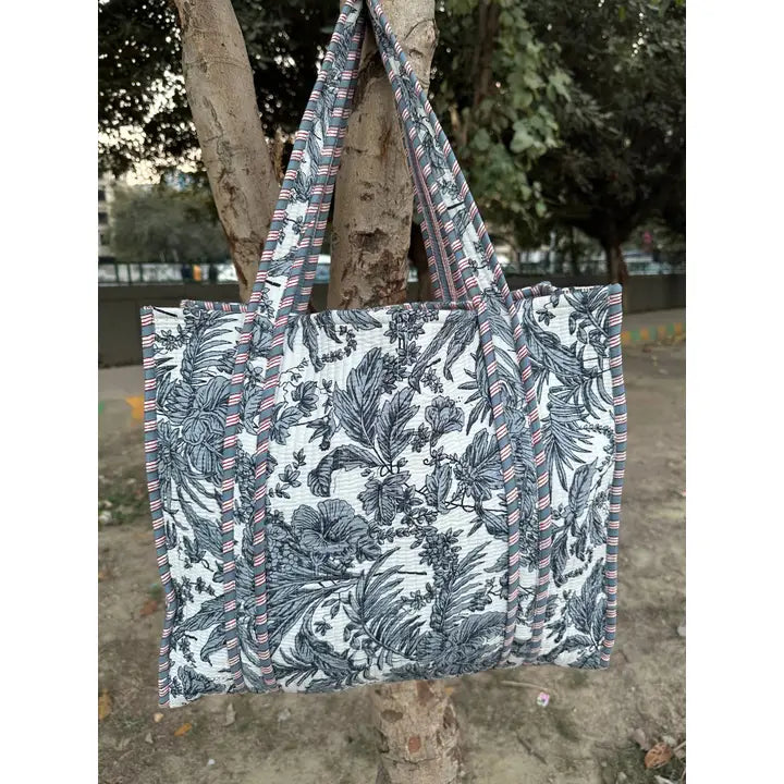 Quilted Cotton Extra Large Market Bag - Botanical Ivory (Reversible)