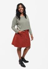 Grainline Studio Reed Skirt sewing pattern sizes 0–18 with inset and patch pockets, button front or invisible zipper closure, medium-weight fabrics
