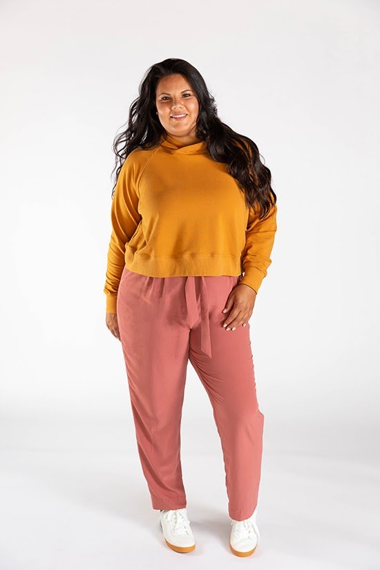 Chalk & Notch Page Hoodie sewing pattern cropped hooded sweatshirt with banded or drawstring hem and interchangeable sleeves
