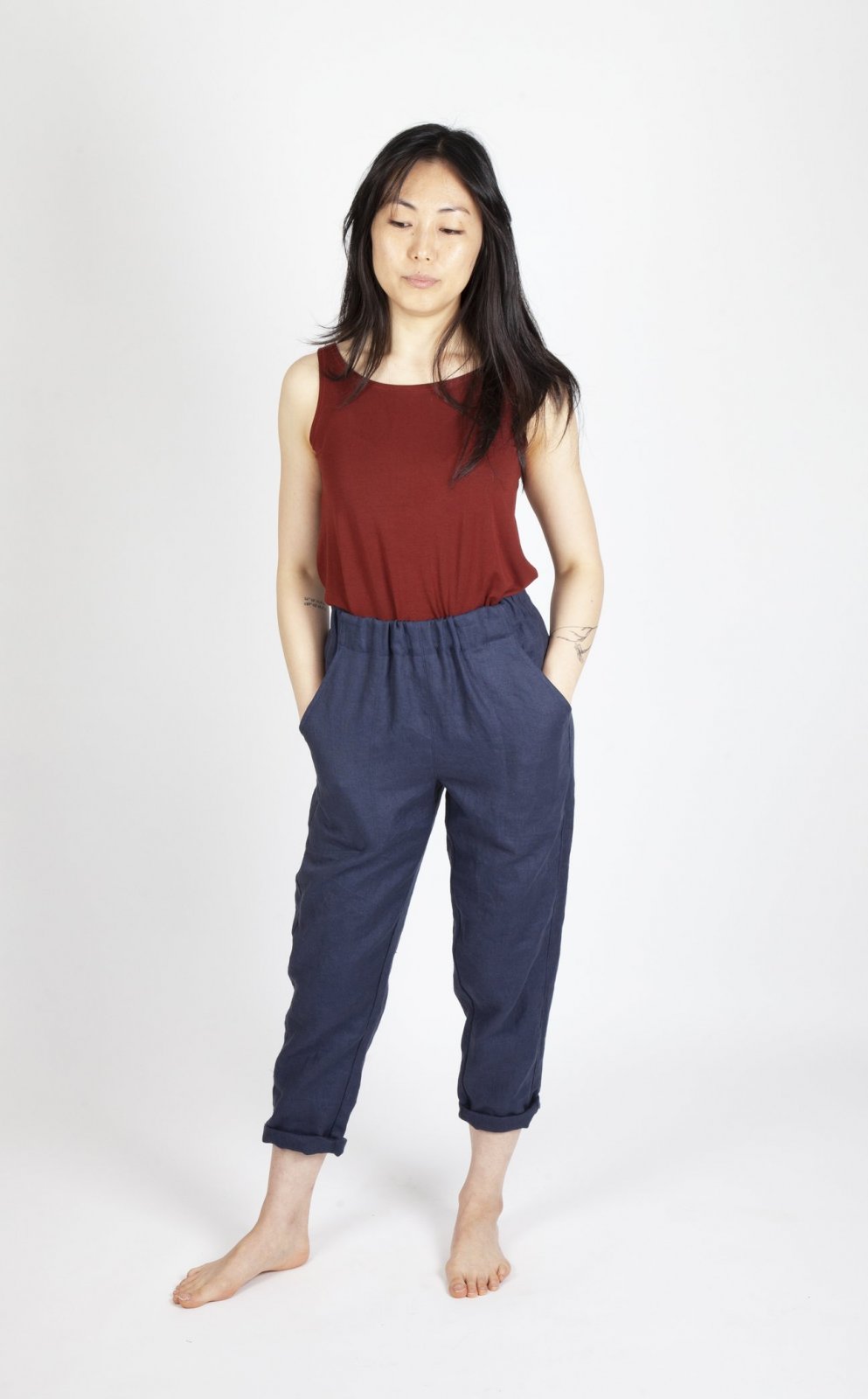 Sew House Seven Free Range Slacks Paper Pattern – elastic waist tapered and straight cropped pants sewing pattern