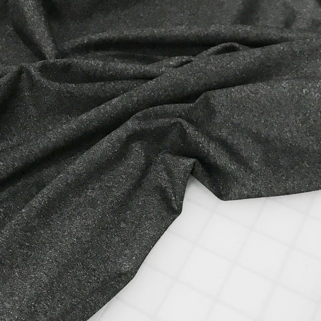 Heathered charcoal stretch supplex fabric, OEKO-TEX certified, soft nylon spandex blend for leggings, yoga wear, and activewear sewing
