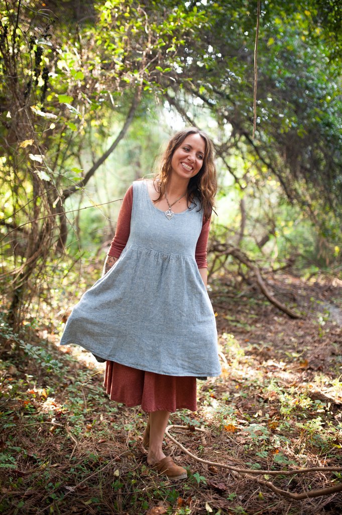 Sew Liberated Metamorphic Dress sewing pattern with reversible design, high/low waist seam, tiered skirt with patch pockets, and pinafore option
