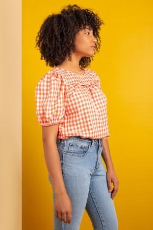 Friday Pattern Co. Sagebrush Top sewing pattern – puff sleeve blouse with gathered front detail, sizes XS–7X