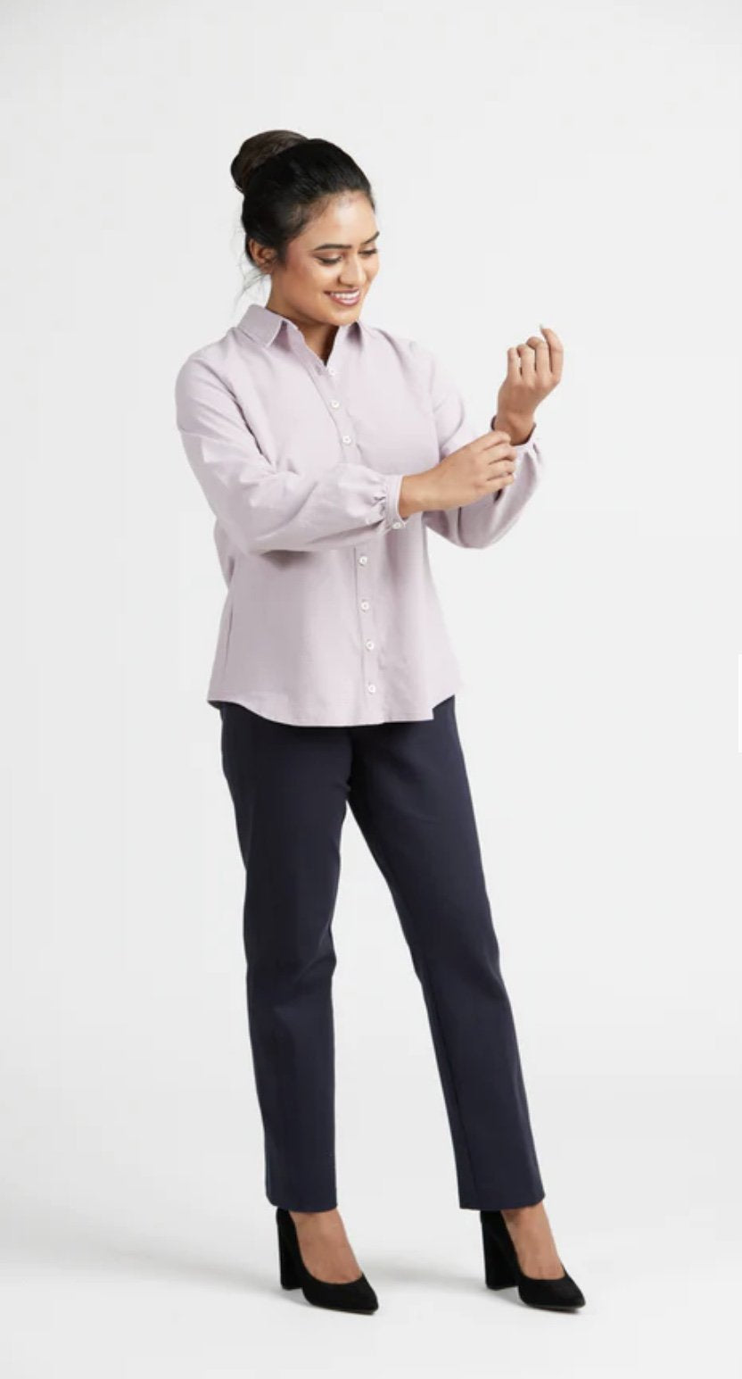 Cashmerette Vernon Shirt sewing pattern featuring classic and fashion-forward button-up styles with curve-friendly fit, sizes 0–32.