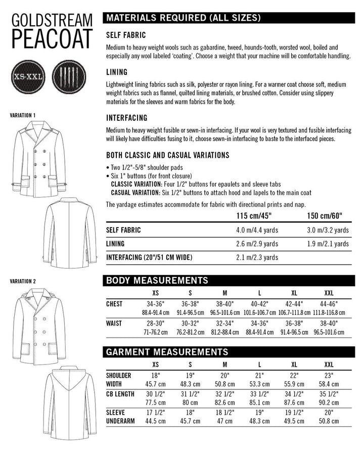 Thread Theory Goldstream Peacoat sewing pattern classic double-breasted wool coat with removable hood and lined pockets