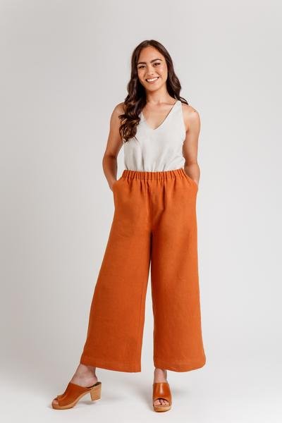Megan Nielsen Opal sewing pattern for high-waist pants and shorts with paper bag and elastic waist options