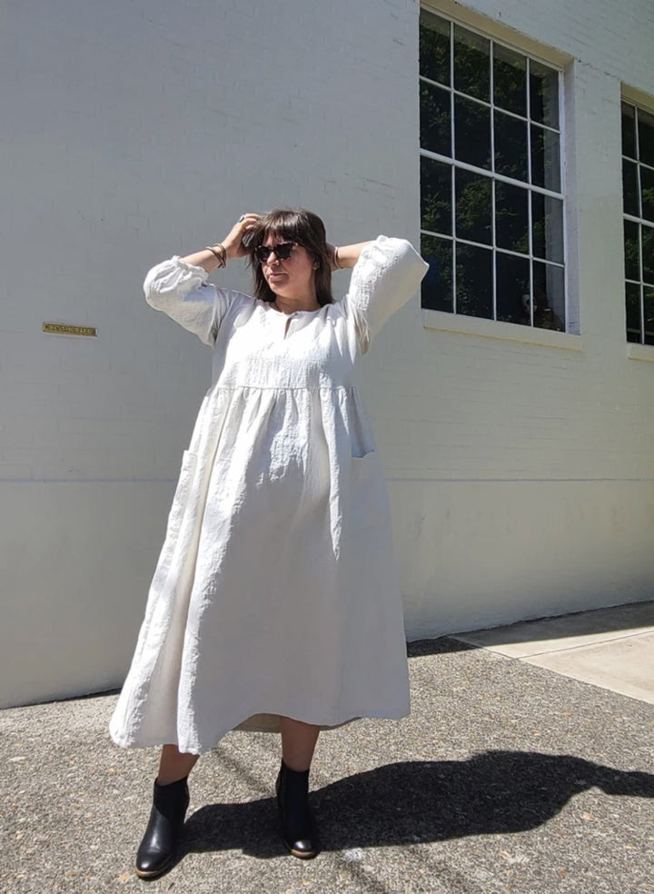 Sew House Seven Romey Gather Dress & Top pattern for curvy sizes 16–34 with empire waist, gathered skirt, peplum top, and optional patch pockets.