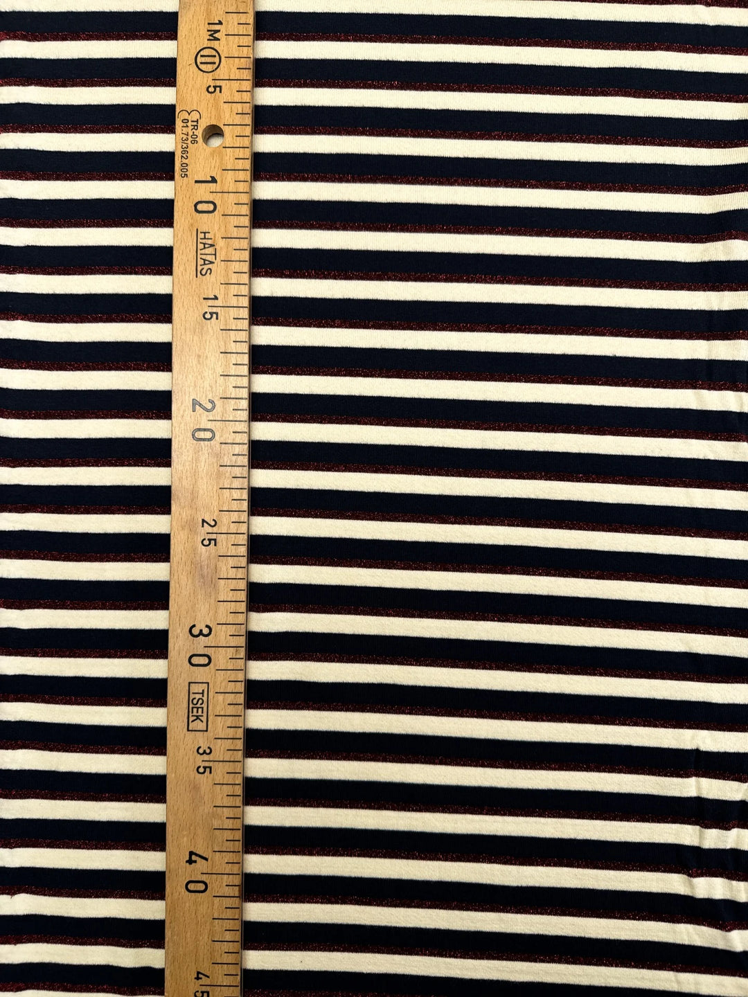 French striped knit fabric in navy, cream, and red lurex – midweight cotton blend, 54 inches wide