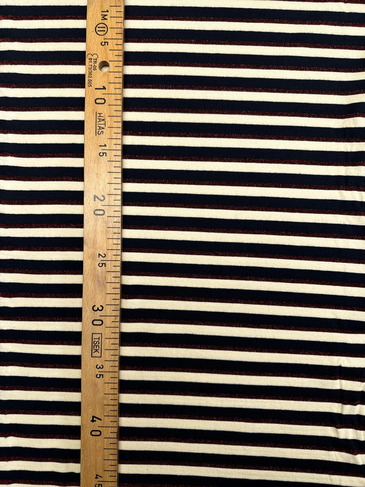 French striped knit fabric in navy, cream, and red lurex – midweight cotton blend, 54 inches wide
